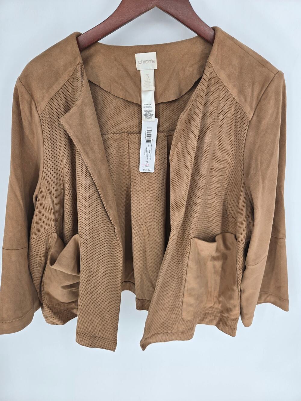 ​Chico's Faux Suede Perforated Jacket Caramel Latte Tan Size 3 XL New FLAWED